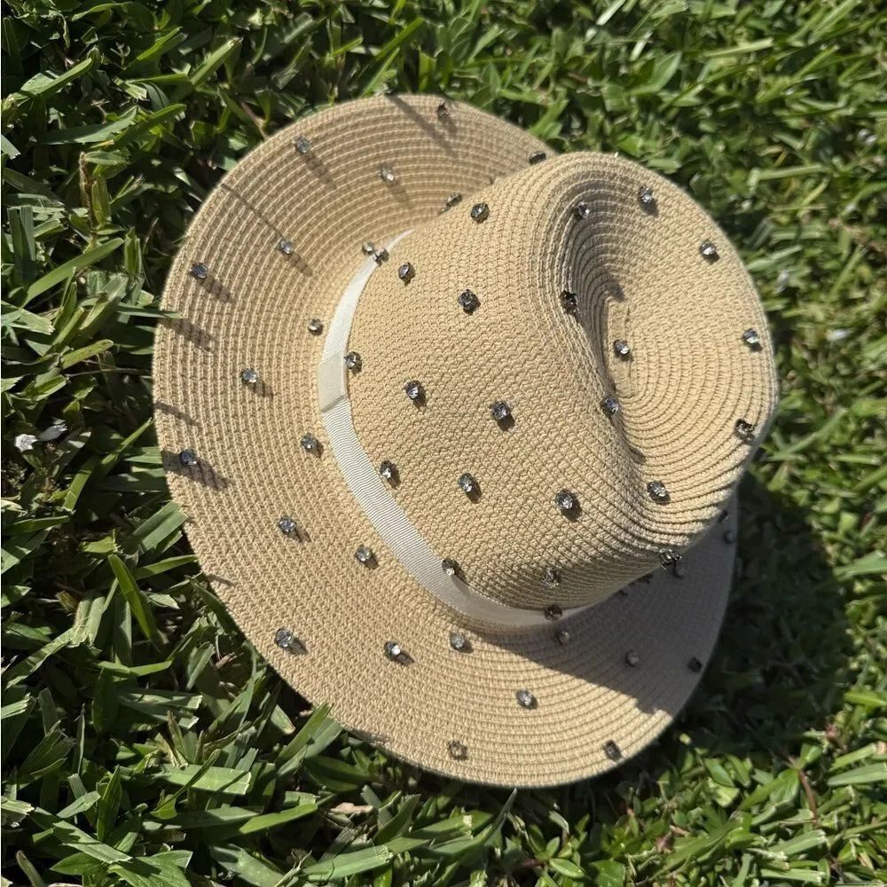 Studded Tan Straw Hat Rhinestone Detailing White Trim - BRAND NEW